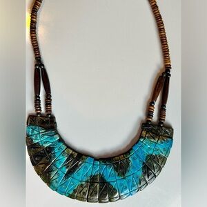 Vintage Tribal Bib Necklace Carved Dyed Horn Blue Brown Wood Beads Boho Ethnic